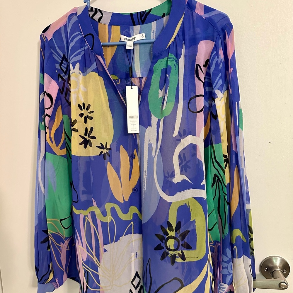 Bright multi-colored lightweight button up blouse